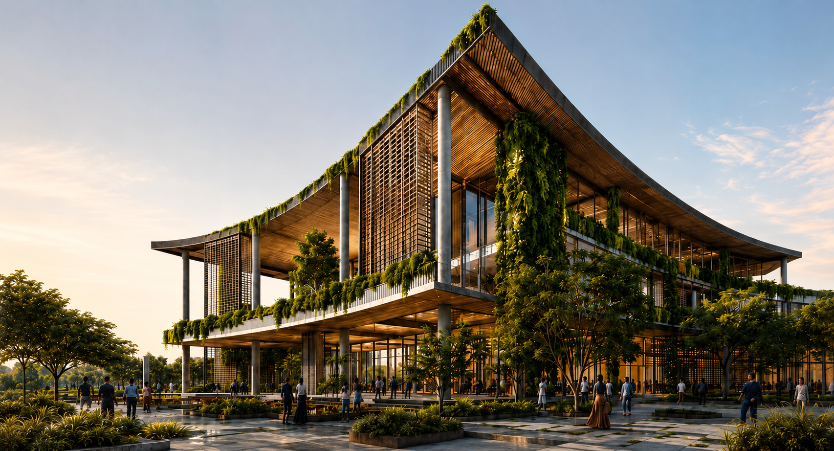 Rendering of a climate-responsive African community hub at golden hour